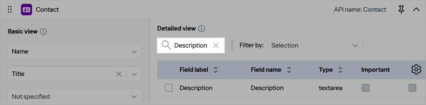 The detailed view of the Contact object card